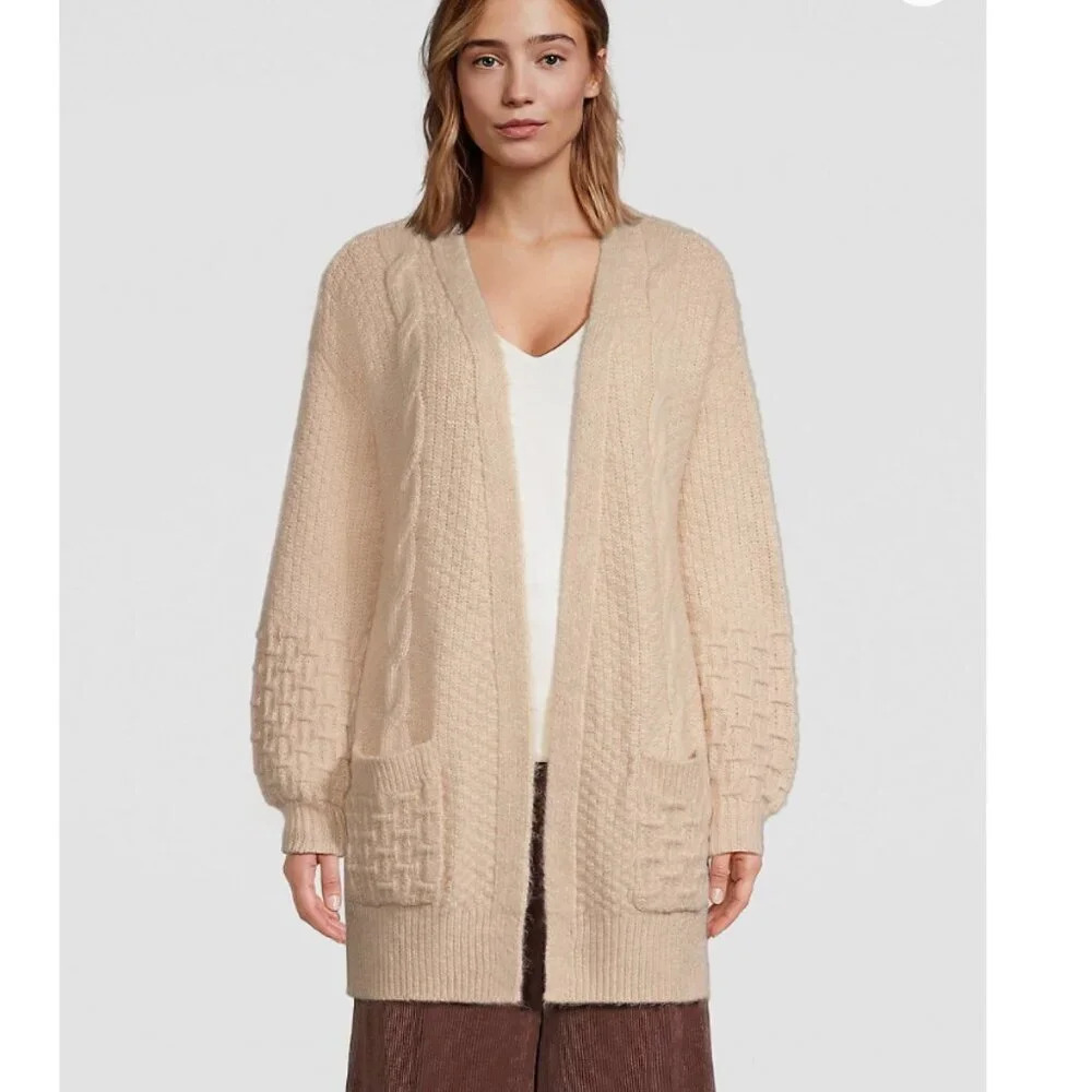 Hudson North Open Front Cable  Knit Cardigan Oat Beige Size Small